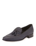 Grained Leather Tassel Loafer, Navy