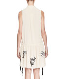Sleeveless Ruffled Embroidered-Skirt Dress, Nude/Black
