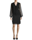 Lace-Underlay Pleated Pencil Skirt, Black