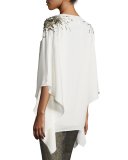 Hand-Beaded V-Neck Silk Blouse, Alabaster/Gold