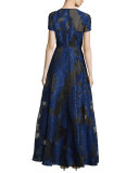 Short-Sleeve Fil Coupe Gown, Black/Blue