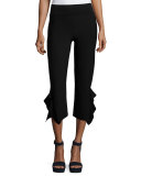 Ruffle-Trim Cropped Ponte Pants, Black