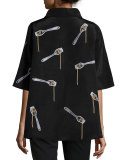 Spaghetti & Fork Half-Sleeve Swing Coat, Black