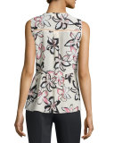 sleeveless v-neck pleated floral top, antilles bubbles