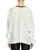 Split-Neck Hand-Embroidered Blouse, Vanilla