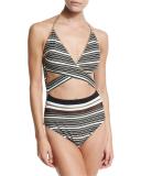 Regatta Metallic-Stripe Cutout Swimsuit, Black/White