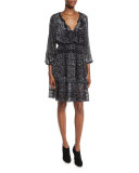 Olsen 3/4-Sleeve Semisheer Floral-Print Dress, Black Multi