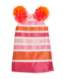 Nelly Sleeveless Striped Taffeta Pompom Dress, Pink, Size 10-12
