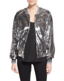 Sequined Bomber Jacket W/Striped Trim, Silver