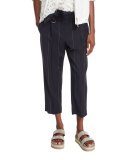 Wide-Pinstripe Belted Ankle Pants, Dark Blue