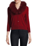 V-Neck Wool Cardigan w/ Fox Fur Collar, Bordeaux