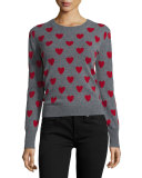 Crewneck Heart-Print Wool Sweater, Mid Gray Melange