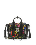 Pashli Mini Floral Leather Satchel Bag, Black/Multi