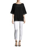 Lace-Trim Half-Sleeve Top, Caviar