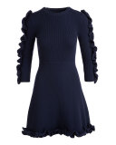 3/4-Sleeve Ruffle-Trim Dress, Navy