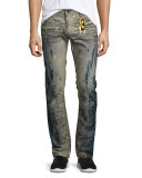 Splatter & Bleached Denim Jeans w/Studs, Blue