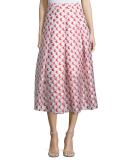 Pleated Polka-Dot Midi Skirt, Tomato