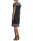 Tara Short-Sleeve Linen Embroidered Dress, Plus Size 