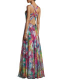Sleeveless Swirl-Print Strappy Gown, Multi