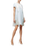 Short-Sleeve Yarn-Dyed A-Line Dress, Aqua