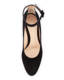 Suede Platform Ankle-Strap Pump, Black