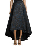 Floral Jacquard High-Low Skirt, Black/Blue