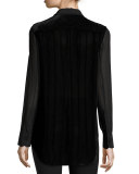 Danni Long-Sleeve Velour Striped Blouse, Black