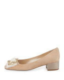 Suede 30mm Pump w/Jeweled Fur Pompom, Nude