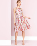 Floral-Print Sleeveless Golden Jacquard Dress, Rose Gold