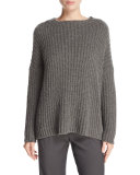 Ladder-Stitched Funnel-Neck Cashmere-Blend Sweater, Charcoal
