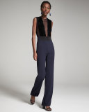 Velvet Illusion-Front Sleeveless Jumpsuit, Black/Midnight