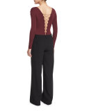 Long-Sleeve Lace-Up Jersey Bodysuit, Wine