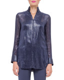 Long-Sleeve Striped Devore Tunic Blouse, Indigo