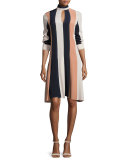 Colorblock Long-Sleeve Keyhole Dress, Nude/Multi