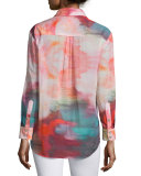 Button-Front Watercolor-Print Blouse, Multi Colors