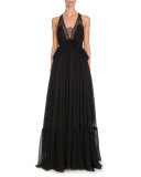 Sleeveless Lace-Trim Halter Gown, Black
