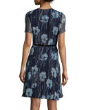 Short-Sleeve Floral-Print Belted Dress, Dusk Multi