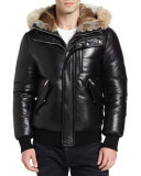 Leather Down Bomber Jacket w/Coyote & Rabbit Fur Trim, Black
