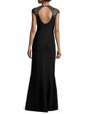 Cap-Sleeve Chevron Mesh Gown, Black