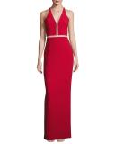 Mesh-Inset Sleeveless V-Neck Gown, Vermillion