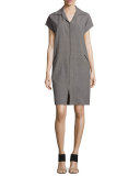 Cap-Sleeve Shirtdress W/Leather Trim, Storm