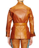 Button-Front Belted Leather Jacket, Ochre
