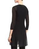 3/4-Sleeve Semisheer Plisse Tunic, Black