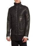 Leather Funnel-Neck Jacket, Black