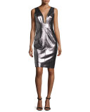 Callie Metallic Leather Sheath Dress, Gunmetal