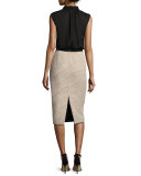 Sleeveless Mixed-Media Midi Dress, Camel/Black