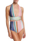 Striped Halter One-Piece Swimsuit, Multicolor