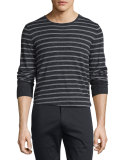 Sporty Jaspe Striped Long-Sleeve Crewneck, Heathered Black