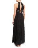 Halter-Neck Lace Gown W/Elephant Necklace, Black