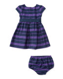 Striped Fit-and-Flare Dress w/ Bloomers, Blue, Size 9-24 Months